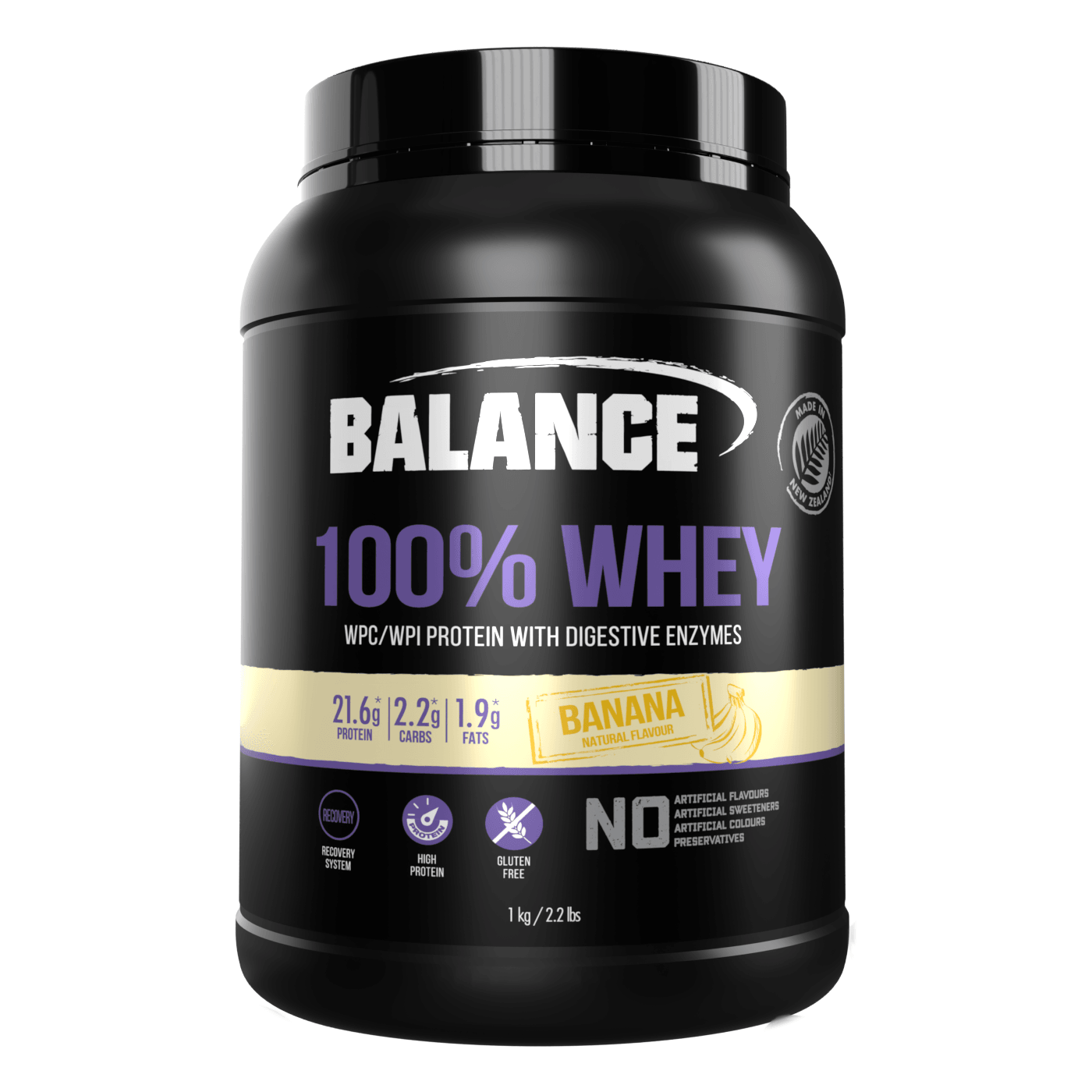Balance 100% Whey WPC/WPI Protein with Digestive Enzymes Gluten Free - Banana 1kg, Whey Protein, OCARE NZ
