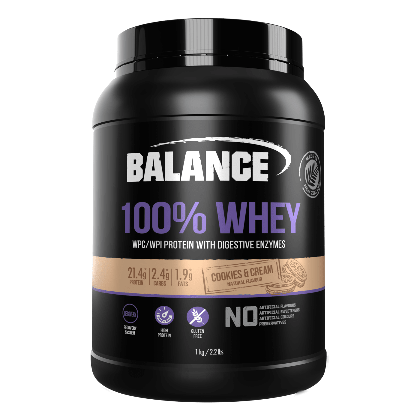 Balance 100% Whey WPC/WPI Protein with Digestive Enzymes Gluten Free - Cookies & Cream 1kg, Whey Protein, OCARE NZ