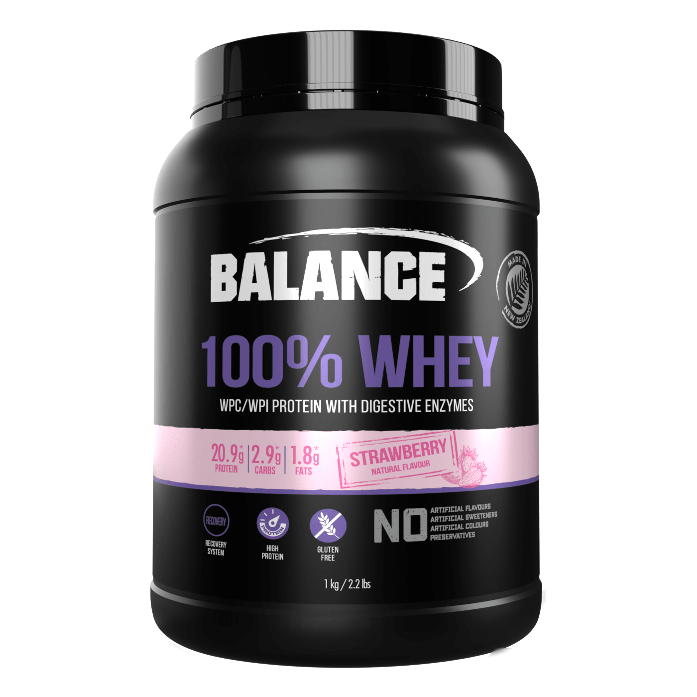 Balance 100% Whey WPC/WPI Protein with Digestive Enzymes Gluten Free - Strawberry 1kg, Whey Protein, OCARE NZ