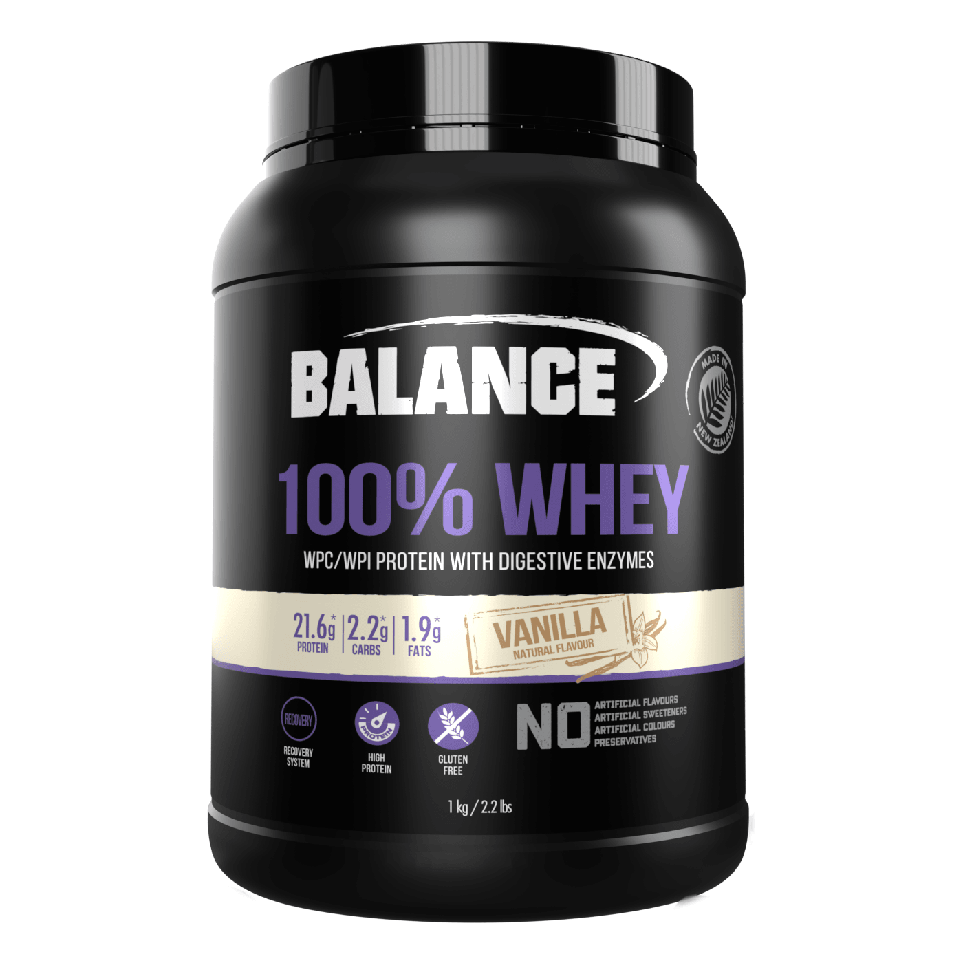 Balance 100% Whey WPC/WPI Protein with Digestive Enzymes Gluten Free - Vanilla 1kg, Whey Protein, OCARE NZ