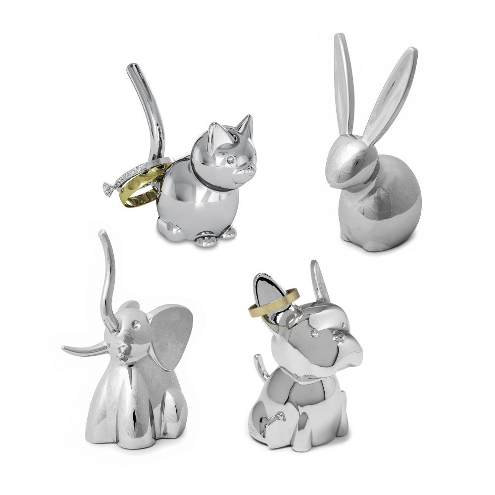 Umbra Zoola Ring Holder animal figures in shiny chrome finish for stylish jewellery storage.