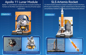 CaDA Sls Artemis Rocket Brick Model Kits showcasing Apollo 11 Lunar Module and SLS Artemis Rocket for educational play.