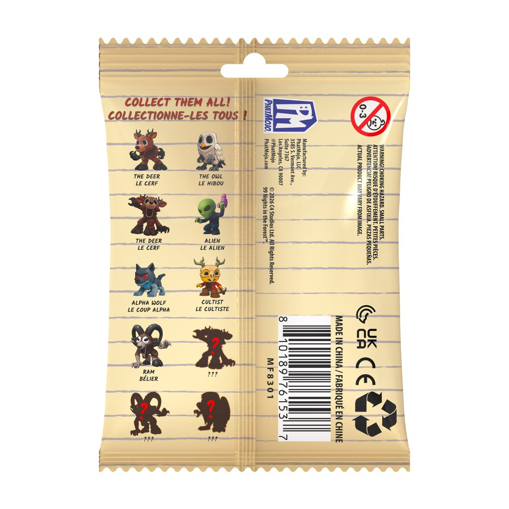 99 Nights in the Forest Mystery Mini Figure Blind Bag featuring collectible character designs and DLC code.