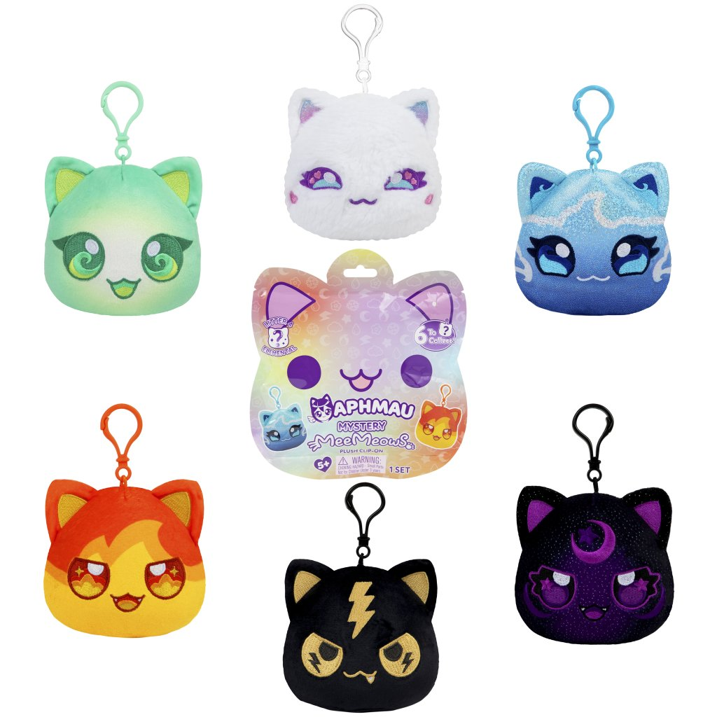 Aphmau Mystery MeeMeows Catface Plush Clip-Ons Series 4 Elemental Blind Bag with various cat plush designs.