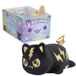 Aphmau Mystery Meemeows Series 8 Elemental Plush Blind Box featuring a cute black plush with gold accents.