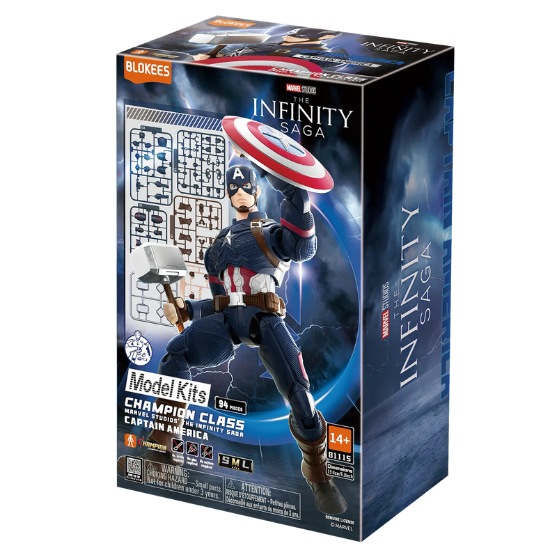 Blokees Marvel Infinity SAGA - Captain America Champion Model Kit packaging featuring Captain America with shield and Mjolnir.