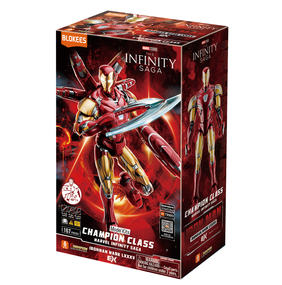 Blokees Marvel Infinity SAGA - Iron Man MK85 EX Model Kit packaging featuring Champion Class design and premium details.