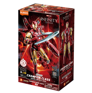 Blokees Marvel Infinity SAGA - Iron Man MK85 EX Model Kit packaging featuring Champion Class design and premium details.