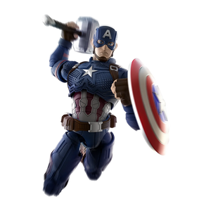 Blokees Marvel Infinity SAGA - Captain America Champion Model Kit in dynamic action pose with shield and Mjolnir.