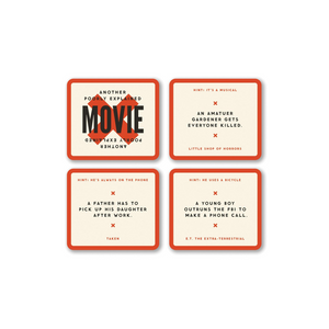 Brass Monkey Poorly Explained Movies Game cards featuring funny movie hints and descriptions for a hilarious party experience.
