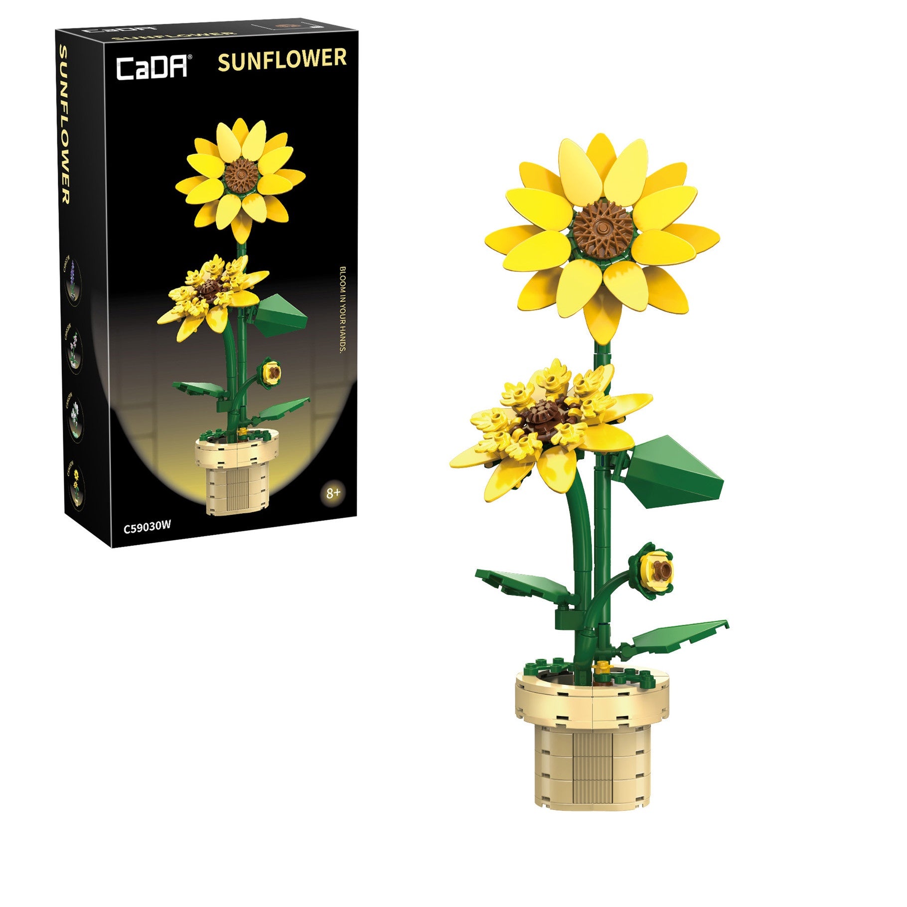 CaDA Building Block Flower Bonsai - Sunflower model with yellow flowers in a pot next to the packaging.