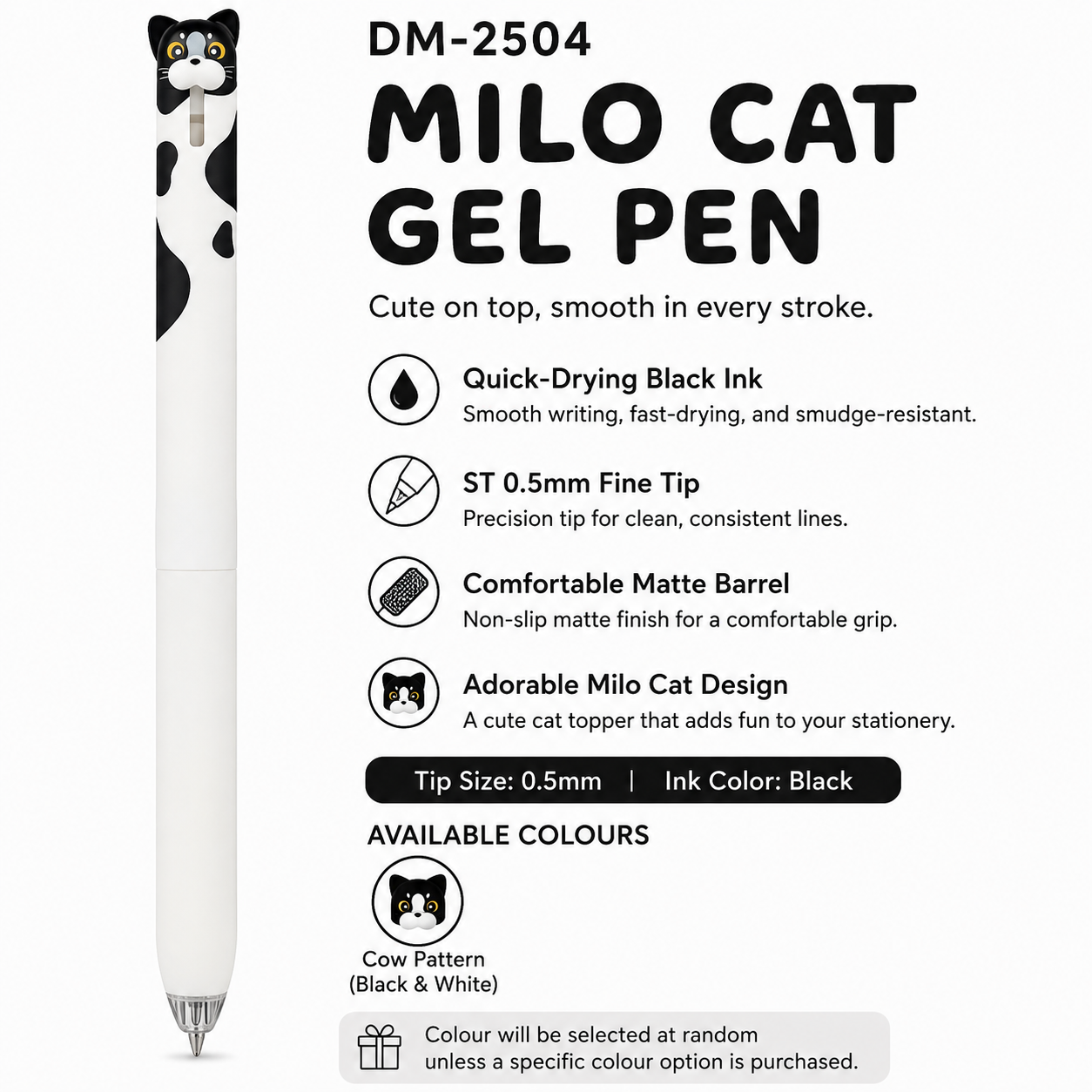 COMI Milo Cat Retractable Gel Pen 0.5mm – Cute Cat Black Ink Pen for School & Office