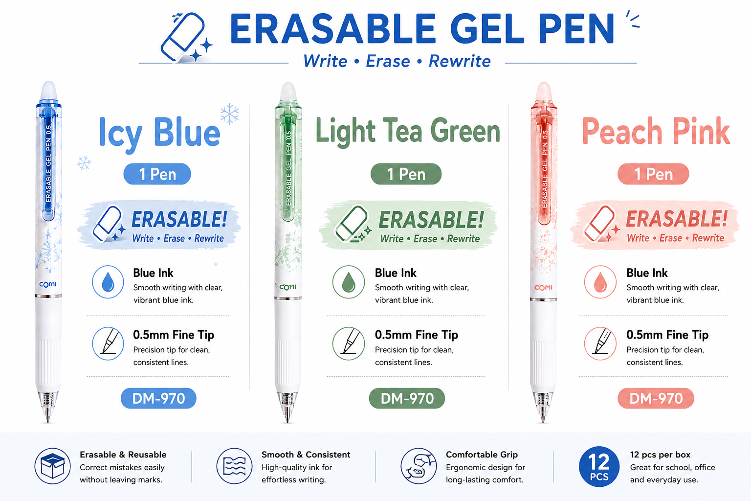 COMI Retractable Erasable Gel Pen 0.5mm – Erasable Pen for School & Office