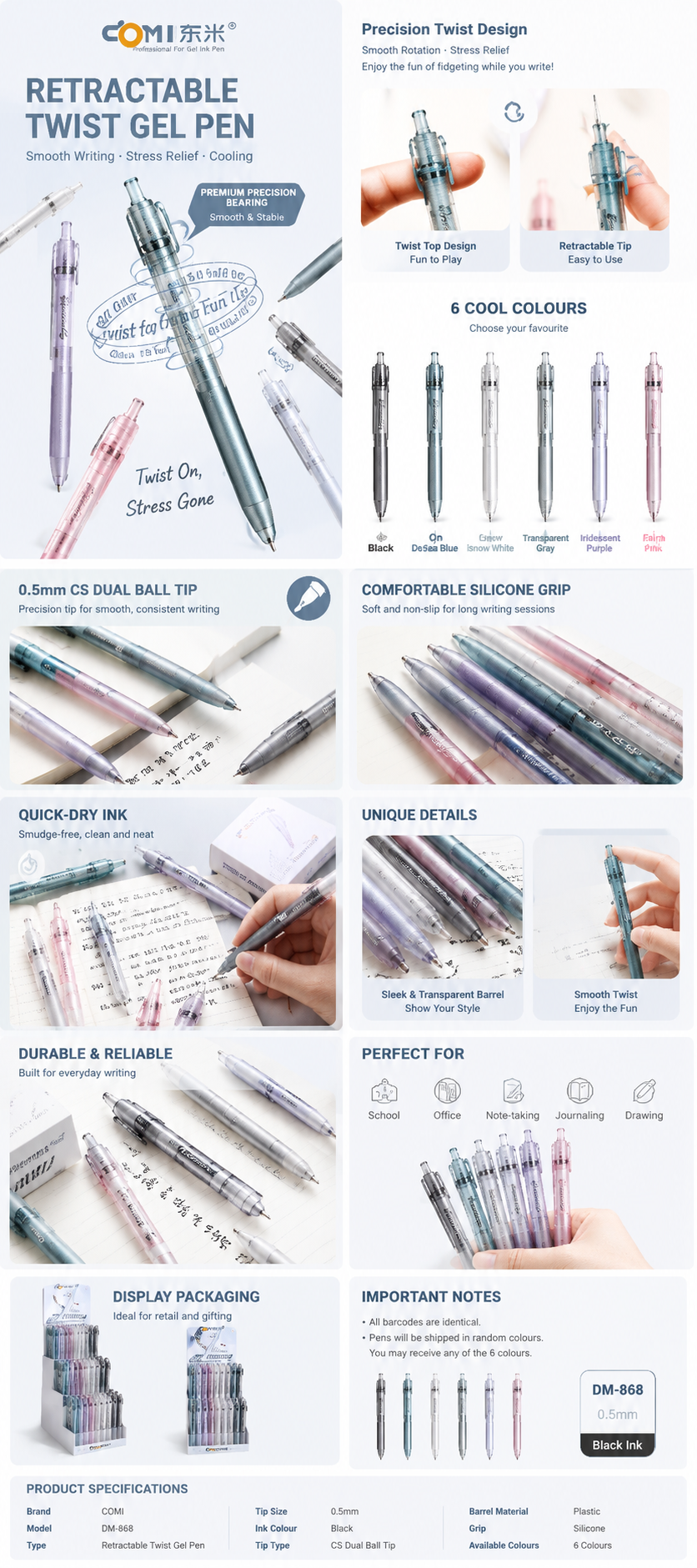 COMI Spinner Gel Pen 0.5mm – Rotating Fidget Black Ink Pen with Clear Barrel (6 Colors)