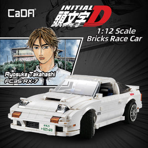 Model car made of bricks with a character from 'Initial D' on a dark background