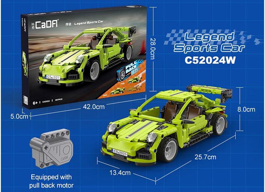 Green sports car model and packaging with dimensions on a blue background