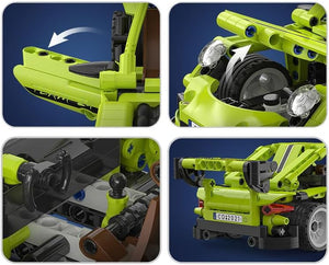 Close-up details of a green toy vehicle model with visible branding on a blue background.