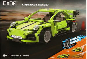 Green sports car model on a racing track with 'CaDA' branding