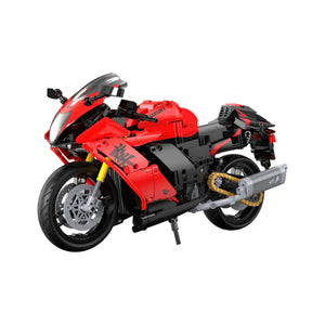 Red and black motorcycle model on a white background