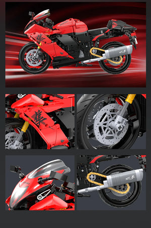 Collage of a red motorcycle with close-up details on a black background