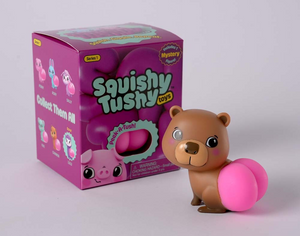 Squishy Tushy Toys Series 1 Blind Box featuring a cute bear figure and colorful packaging for a fun unboxing experience.