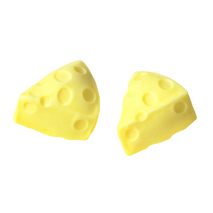 Two yellow cheese-shaped items with realistic holes, photographed on a clean white background.