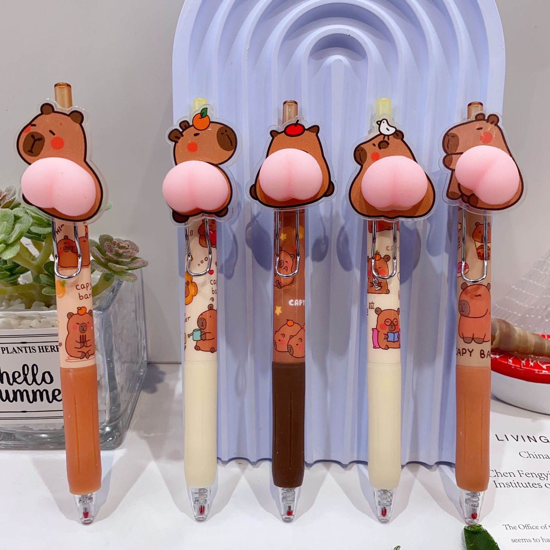 Cute Capybara Squishy Click Gel Pen 0.5mm - Black Ink Kawaii Stress Relief Pen Assorted