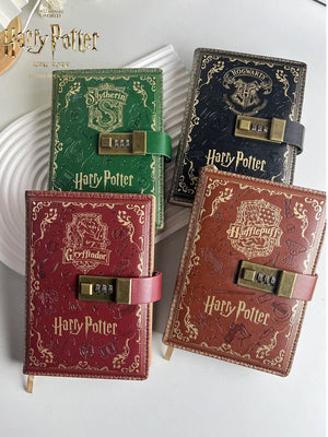 Four Harry Potter-themed notebooks with locks on a white surface.