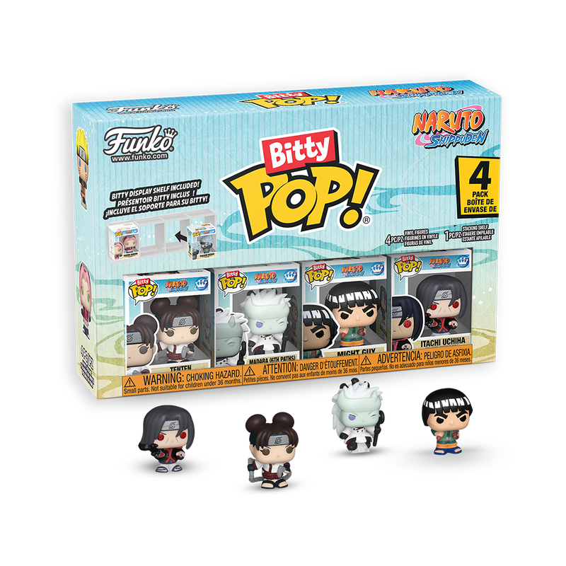 Funko Bitty Pop! Naruto - Naruto 4PK featuring Tenten, Madara, Might Guy, and Itachi Uchiha mini figures.