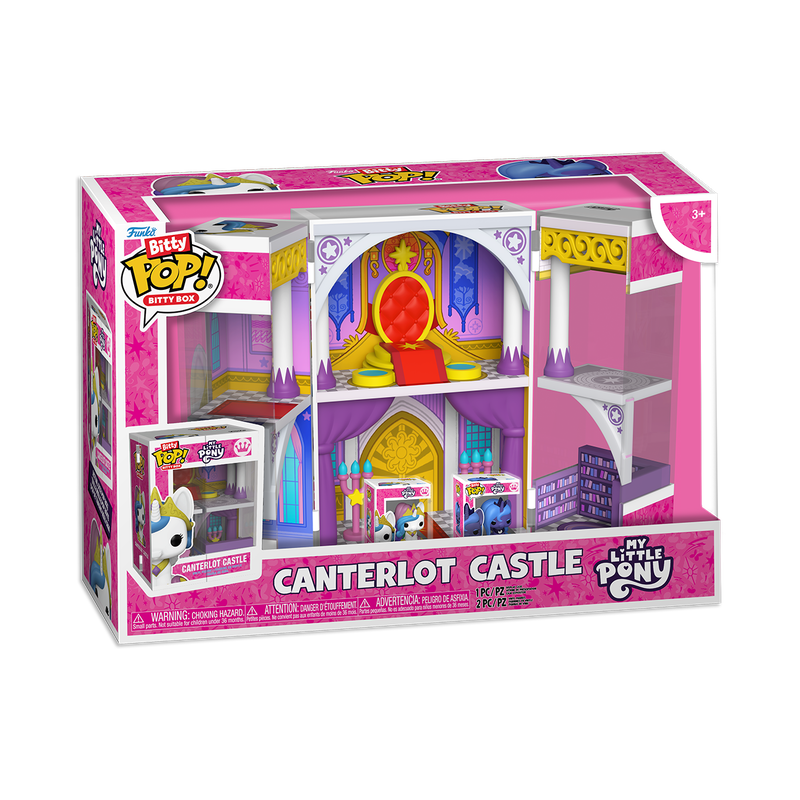 Funko Bitty Pop! Bitty Box MLP - Canterlot Castle Playset in colorful packaging showcasing fold-out castle design.