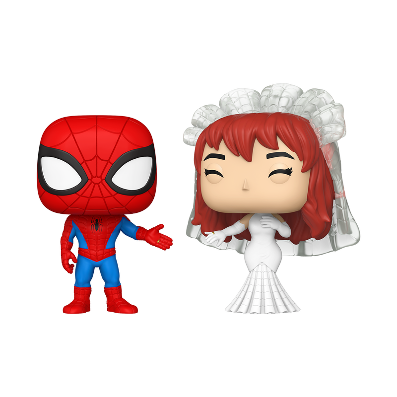 Funko Pop! Marvel - Spider-Man & Mary Jane 2PK featuring Spider-Man and MJ in wedding attire.