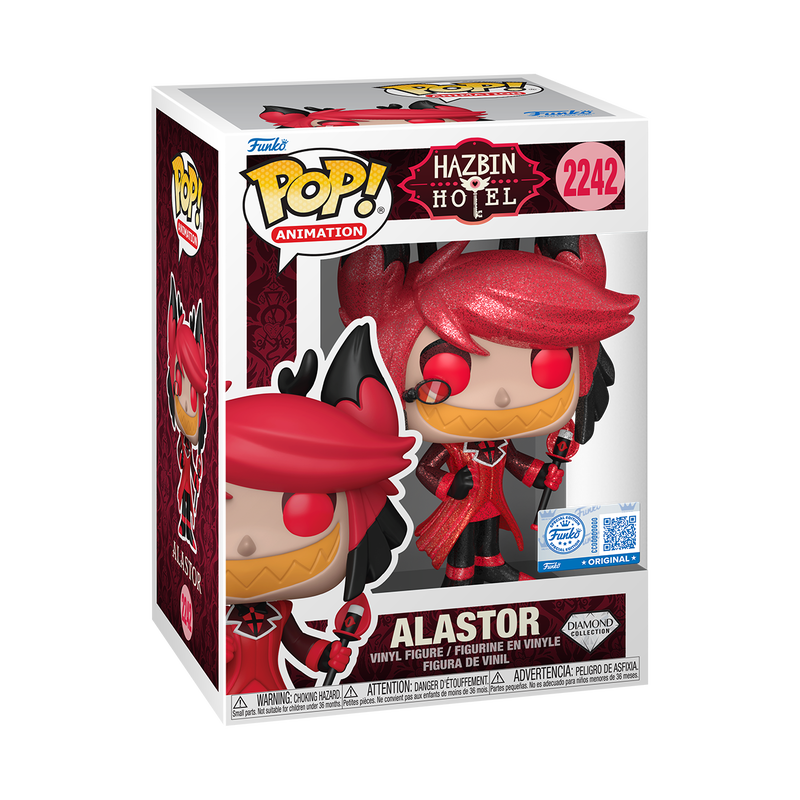 Funko Pop! Hazbin Hotel - Alastor Diamond Glitter Vinyl Figure in box with striking colors and glitter finish.
