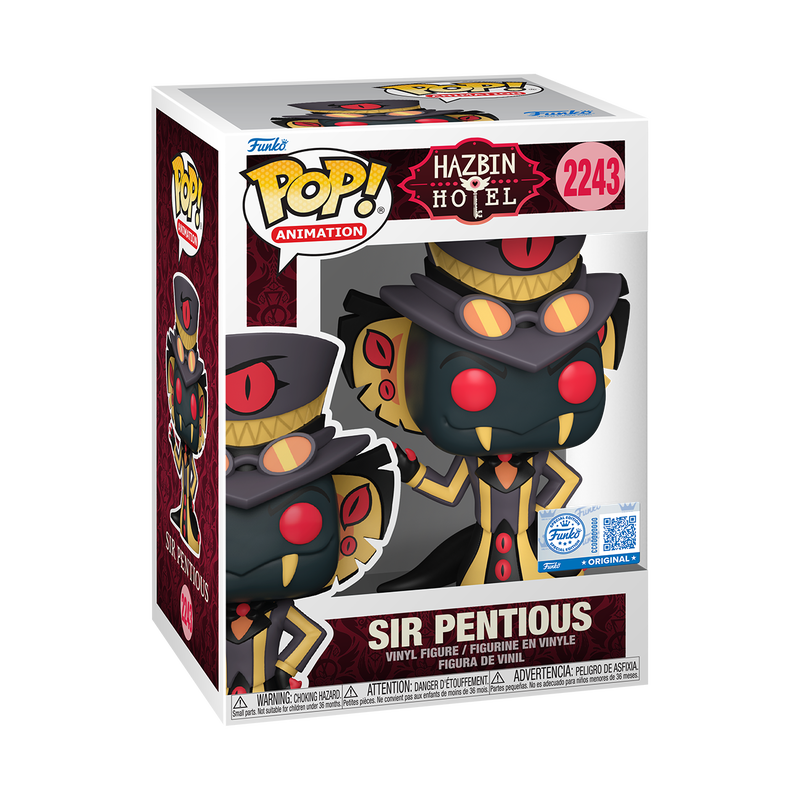 Funko Pop! Hazbin Hotel - Sir Pentious Vinyl Figure in box packaging, showcasing the unique design and character details.