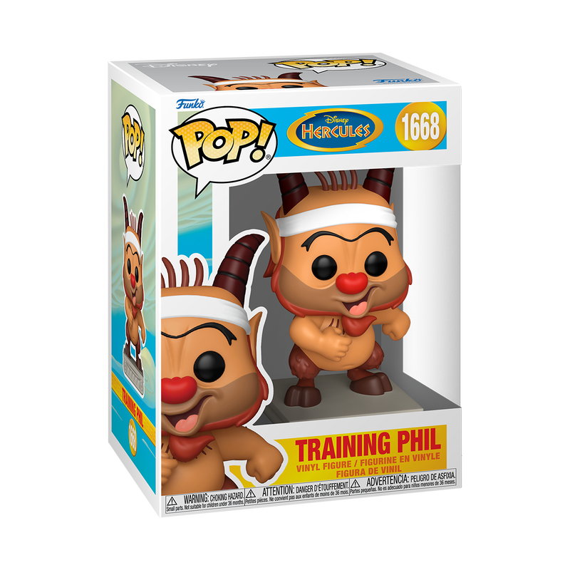 Funko Pop! Hercules (1997) - Phil (Training) Vinyl Figure in box showcasing detailed design and classic Funko style.