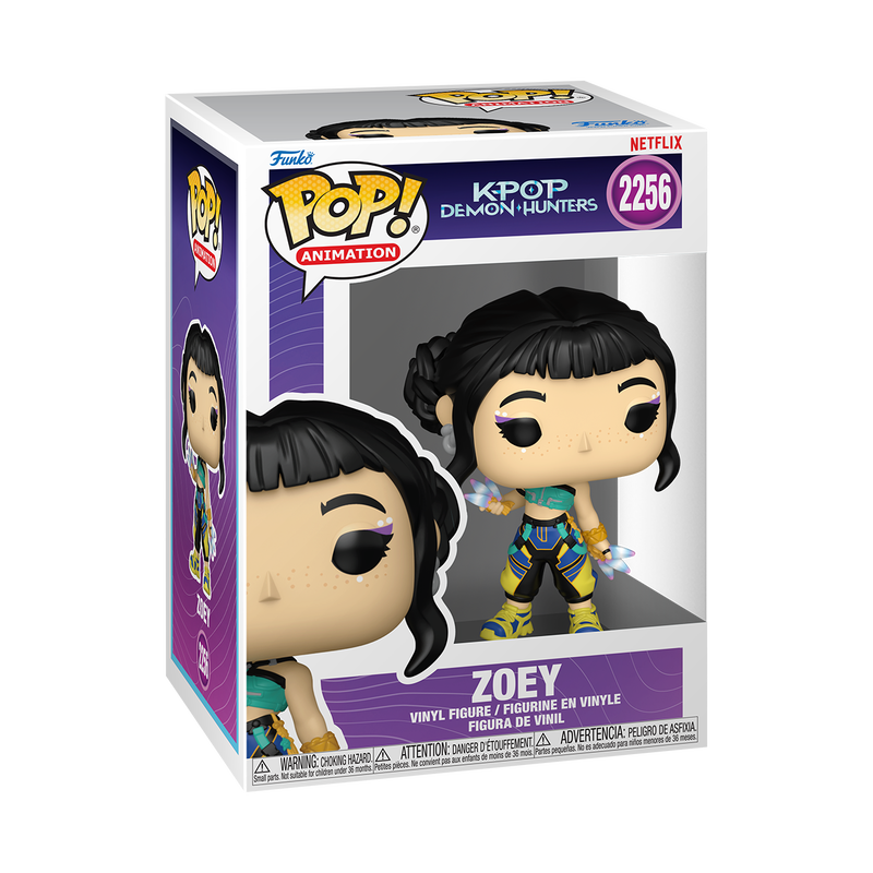 Funko Pop! K-POP Demon Hunters - Zoey Vinyl Figure inside its collector's box, showcasing her unique character design.