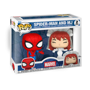 Funko Pop! Marvel - Spider-Man & Mary Jane 2PK in a box featuring Spider-Man and MJ figures.