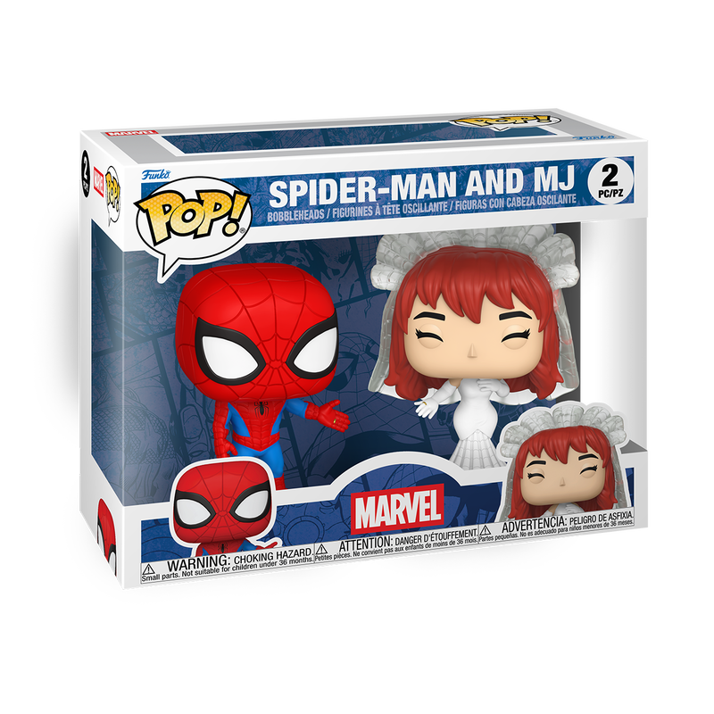 Funko Pop! Marvel - Spider-Man & Mary Jane 2PK in a box featuring Spider-Man and MJ figures.