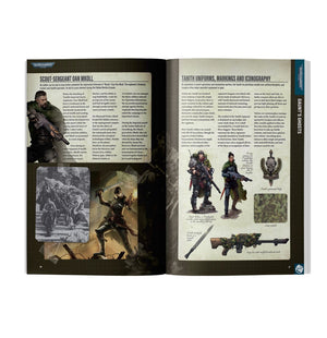 Open book showing pages with military-themed illustrations and text.