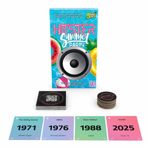 Hitster Summer Party board game set on a white background, showing the blue game box, a stack of black cards with colorful circular designs, a stack of brown circular tokens, and four example cards displaying years and song names.