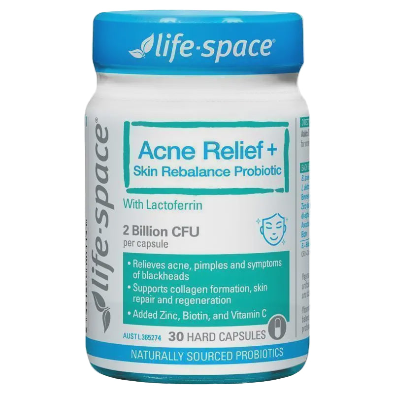 Life-Space Acne Relief+ Skin Rebalance Probiotic bottle on a white background