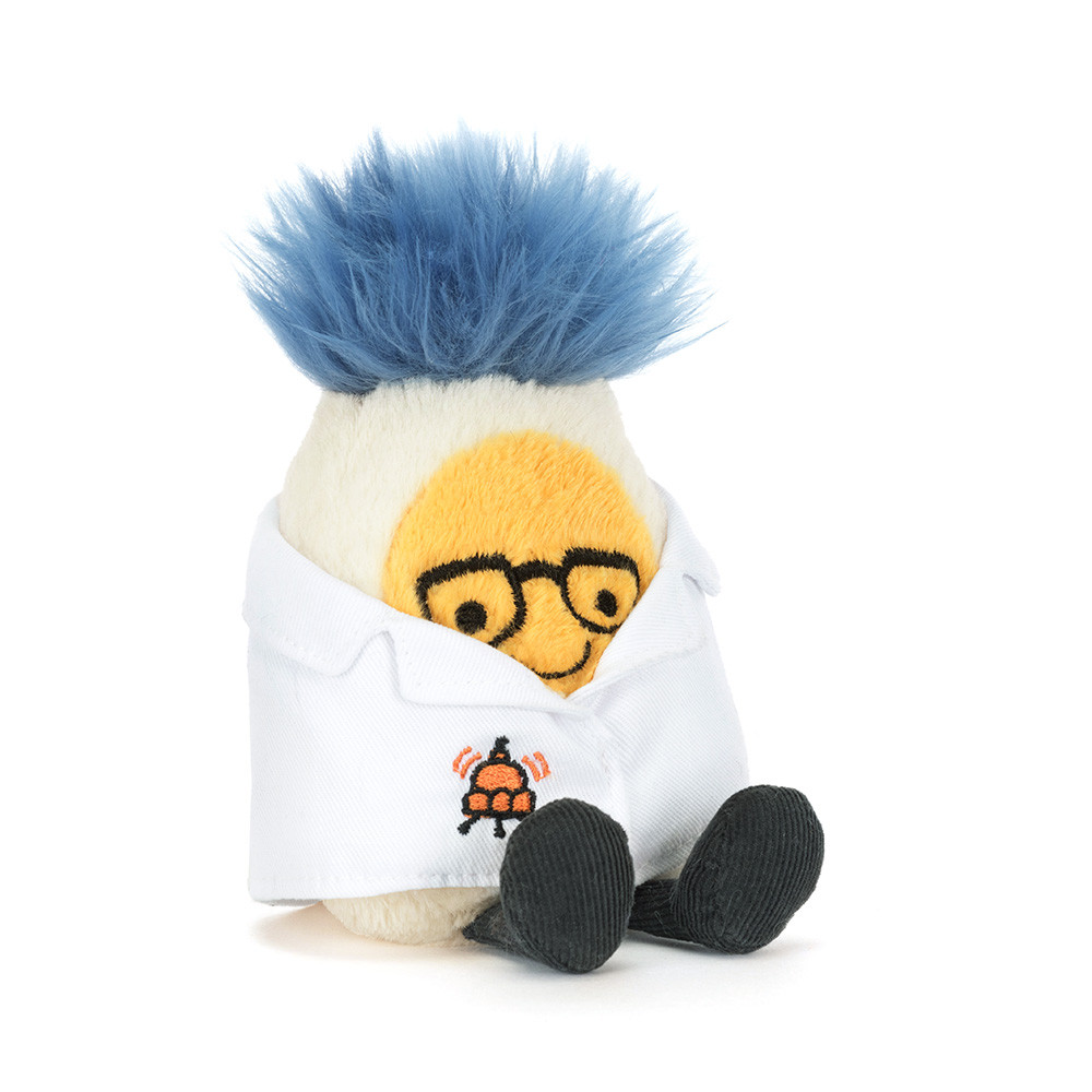 Jellycat Amuseables Boiled Egg Scientist Outfit featuring a plush egg in a lab coat with blue hair and glasses.