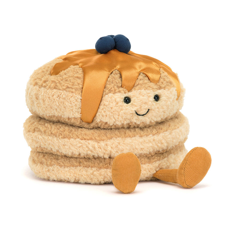 Jellycat Amuseables Fran Pancakes plush toy with syrup and blueberries, soft texture and cute design.
