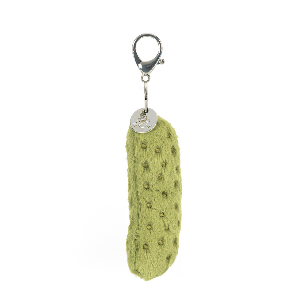 Jellycat Pickle bag charm side view, soft plush keyring accessory