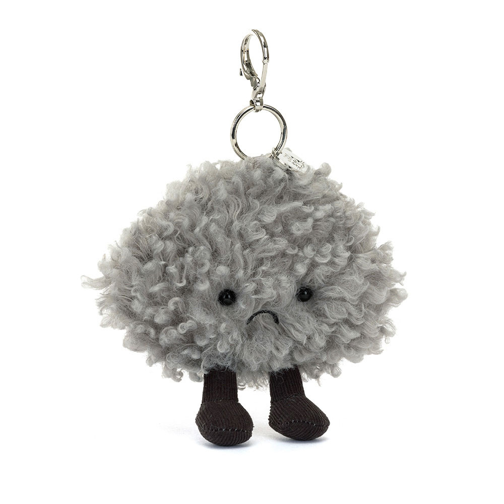 Jellycat Amuseables Storm Cloud Bag Charm with a fluffy grey cloud design and tiny brown cord boots.