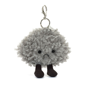 Jellycat Amuseables Storm Cloud Bag Charm with a fluffy grey cloud design and tiny brown cord boots.