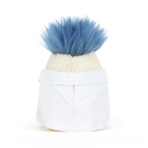 Jellycat Amuseables Boiled Egg Scientist Outfit featuring a soft plush egg in a lab coat with blue hair.