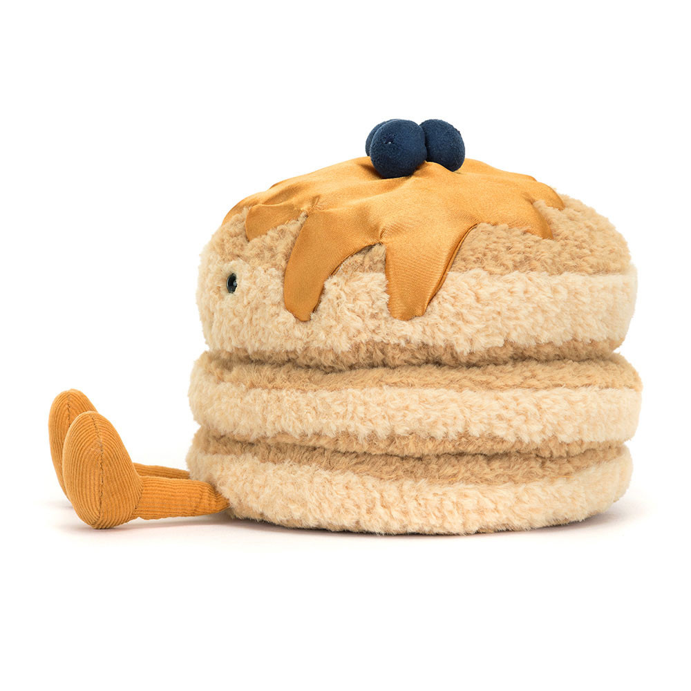 Jellycat Amuseables Fran Pancakes plush toy with fluffy stack, syrup, blueberries, and signature cordy boots