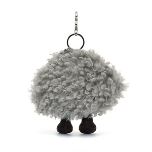 Jellycat Amuseables Storm Cloud Bag Charm featuring fluffy grey cloud with stitched frown and tiny cord boots.