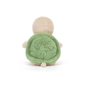 Jellycat Thimble Turtle plush toy showcasing its soft green shell and adorable design from the back.