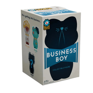 Box packaging of a collectible figure titled 'Business Boy' with dimensions indicated.